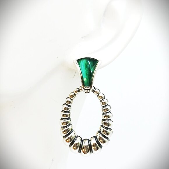 LAGOS Venus Link Oval Fluted Sterling Silver 18K Gold Post Malachite Earrings - Picture 6 of 10